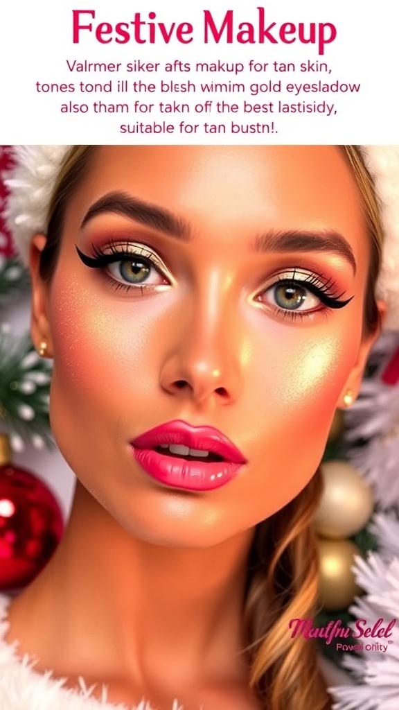 Festive Makeup Ideas for Tan Skin A model with tan skin wearing festive makeup with gold eyeshadow and berry lipstick, set against a holiday-themed backdrop.